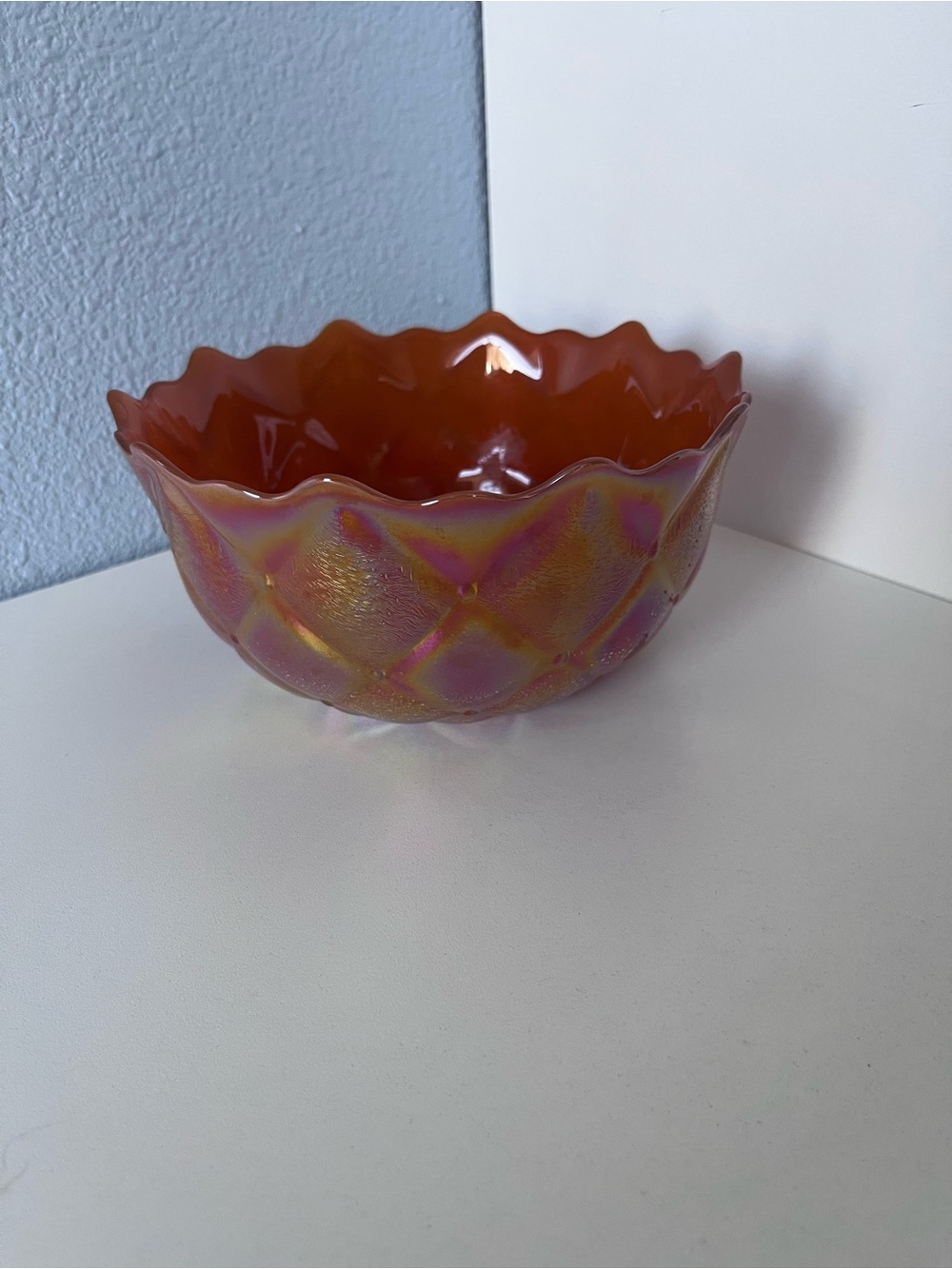 Fenton Carnival Glass Marigold Color Diamond Quilted Pattern Scalloped Bowl